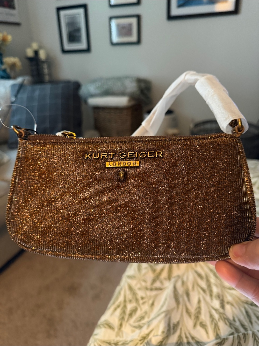 Kurt Geiger Bronze Glitter Shoulder Bag with Gold Hardware